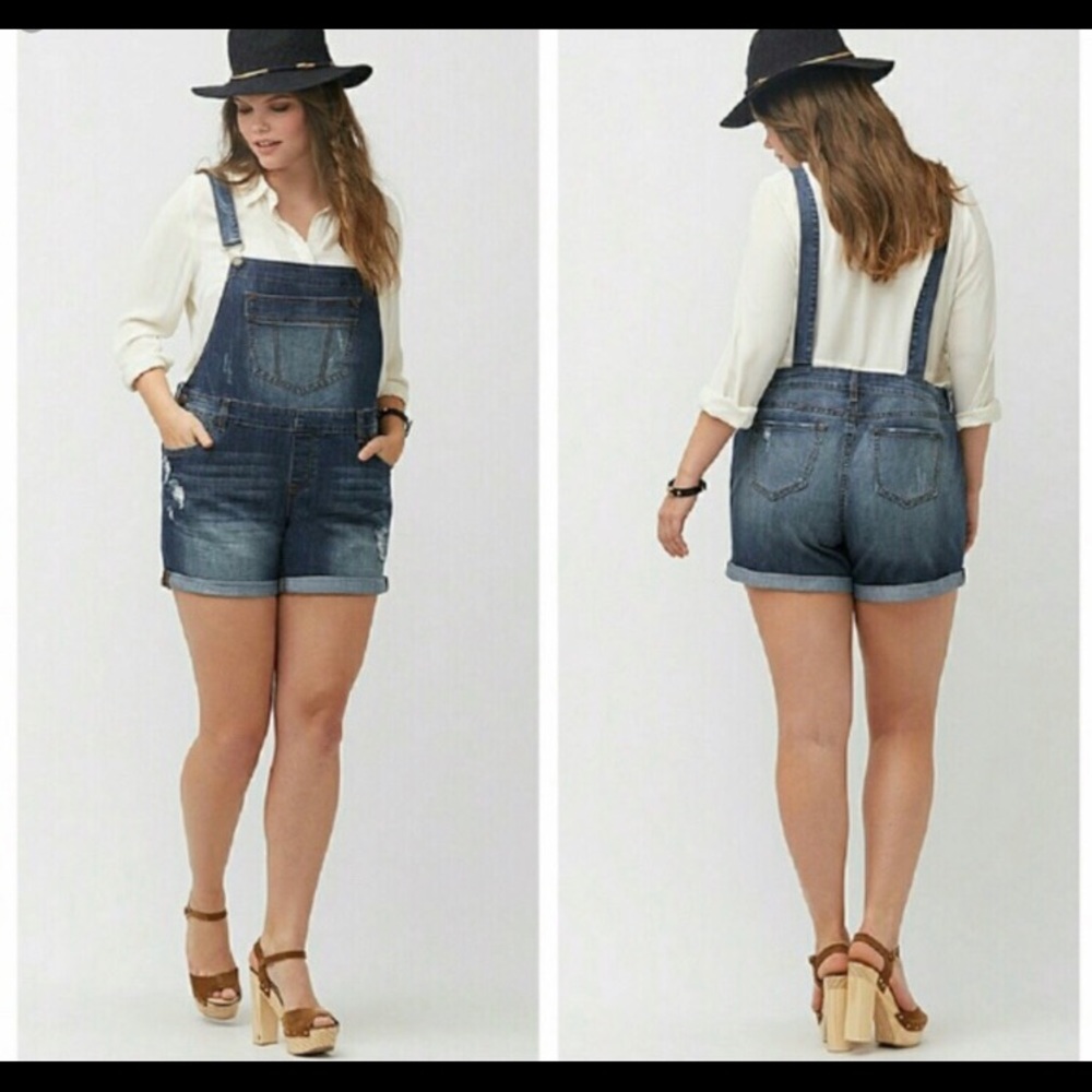 Lane Bryant distressed overall shorts